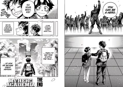 صحنه‌ای از پایان مانگای My Hero Academia؛ دکو در کنار کودکی ایستاده و مفهوم قهرمانی بدون قدرت را به تصویر می‌کشد
