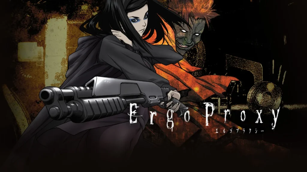 پوستر انیمه Ergo Proxy؛ زنی با موهای مشکی و چهره‌ای جدی در حال گرفتن اسلحه در فضایی تاریک و آخرالزمانی دیده می‌شود، در حالی که موجودی سایه‌وار و مرموز در پس‌زمینه قرار دارد.