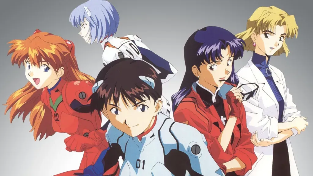پوستر گروهی از شخصیت‌های اصلی انیمه Neon Genesis Evangelion با لباس‌های مخصوص خلبانی و آزمایشگاهی؛ تصویری که تنش روانی، مسئولیت انسانی و بحران هویت را در بستری علمی‌–تخیلی نشان می‌دهد.