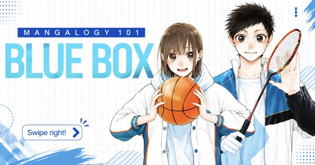 تایکی اینوماتا (Taiki Inomata) و چیناتسو کانو (Chinatsu Kano) از Blue Box در یک تصویر ورزشی با راکت بدمینتون و توپ بسکتبال؛ پوستر رنگی انیمهای که ترکیبی از ورزش، رقابت، انگیزه و داستان عاشقانه نوجوانان را به نمایش میگذارد