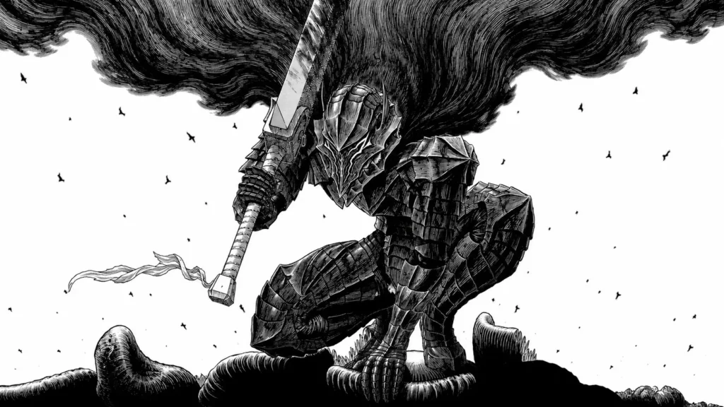 تصویر گاتس در Berserk با زره برسرکر و شمشیر بزرگ در سبک مانگای سیاهوسفید، نمایی از یک جنگجوی تاریک در فضای فانتزی