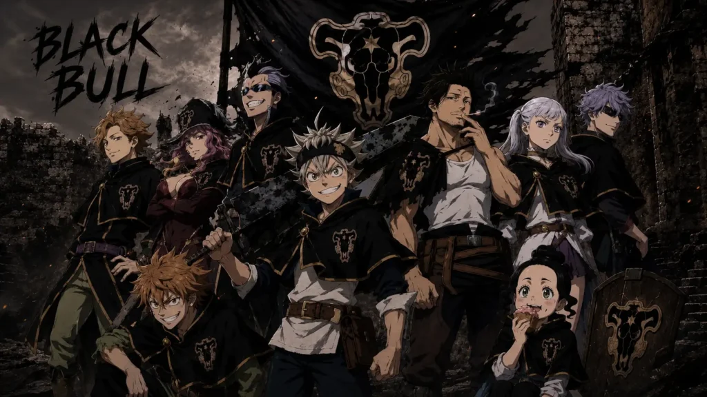 اعضای گروه Black Bull در انیمه Black Clover شامل Asta، Yami Sukehiro، Noelle Silva، Luck Voltia، Magna Swing و دیگر شخصیتها در یک تصویر گروهی حماسی