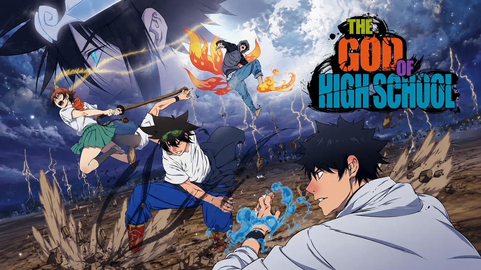 پوستر God of High School با حضور جین موری و شخصیتهای اصلی داستان