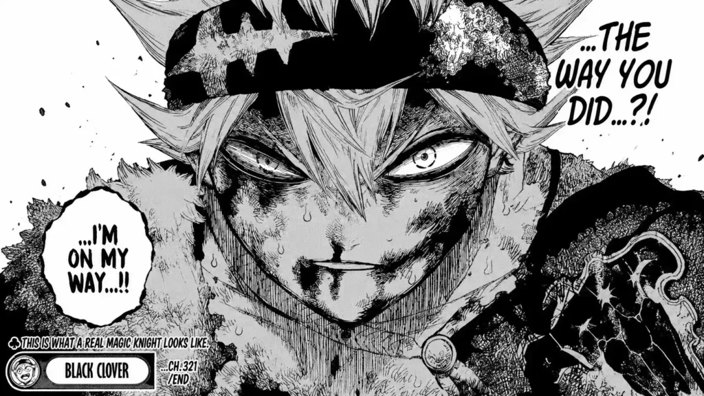 نمای نزدیک Asta در Black Clover پس از نبردی سخت، چهره زخمی و مصمم با نگاه قدرتمند در تصویر سیاه و سفید مانگا
