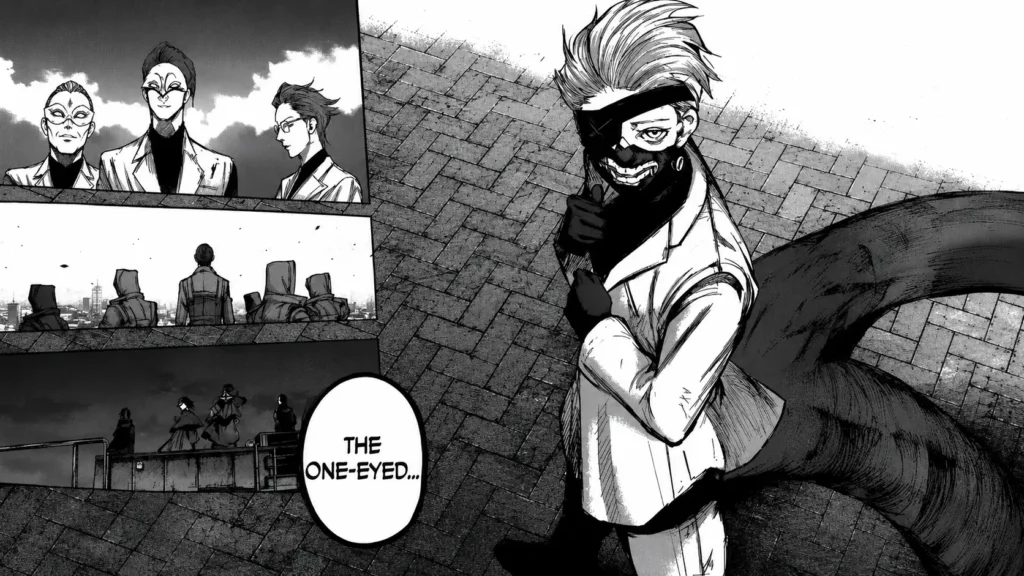 کن کانکی در مانگای Tokyo Ghoul:re با ظاهر تکچشم و کاگونه فعال؛ نمونهای از صحنههای نمادین مانگا که اقتباس انیمه نتوانست تمام جزئیات و تأثیر آن را منتقل کند