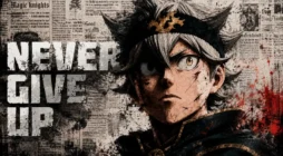 آستا در Black Clover با چهره‌ای مصمم و شعار Never Give Up در پس‌زمینه‌ای تاریک و الهام‌بخش