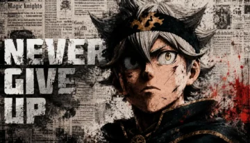 آستا در Black Clover با چهره‌ای مصمم و شعار Never Give Up در پس‌زمینه‌ای تاریک و الهام‌بخش