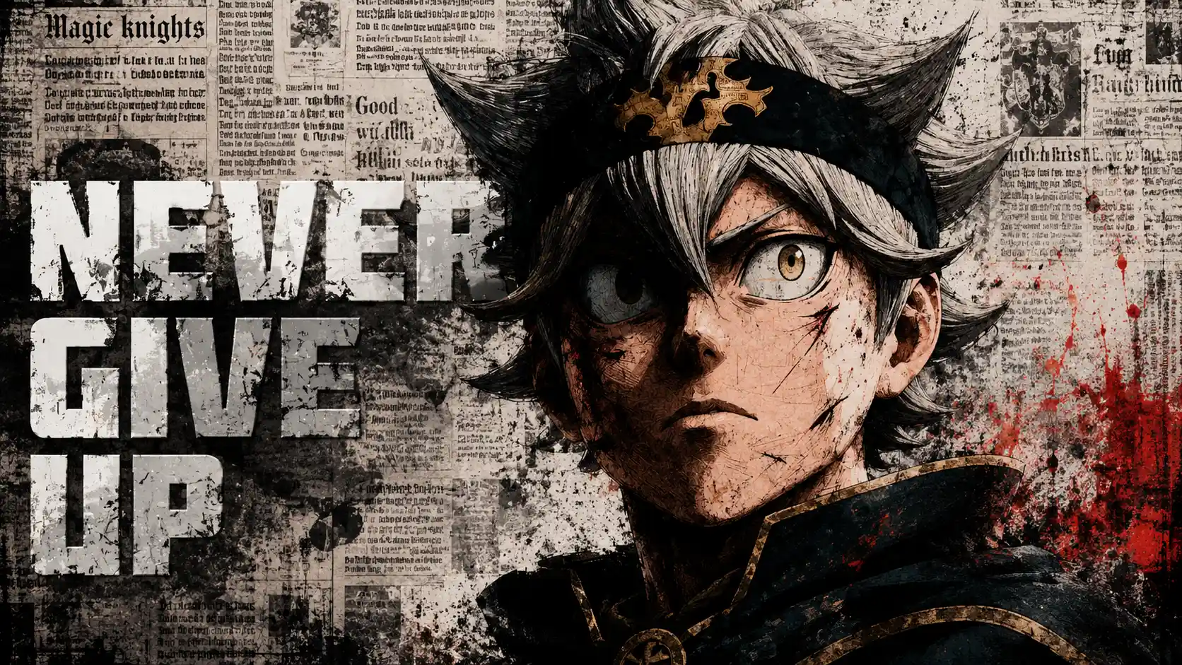 آستا در Black Clover با چهره‌ای مصمم و شعار Never Give Up در پس‌زمینه‌ای تاریک و الهام‌بخش