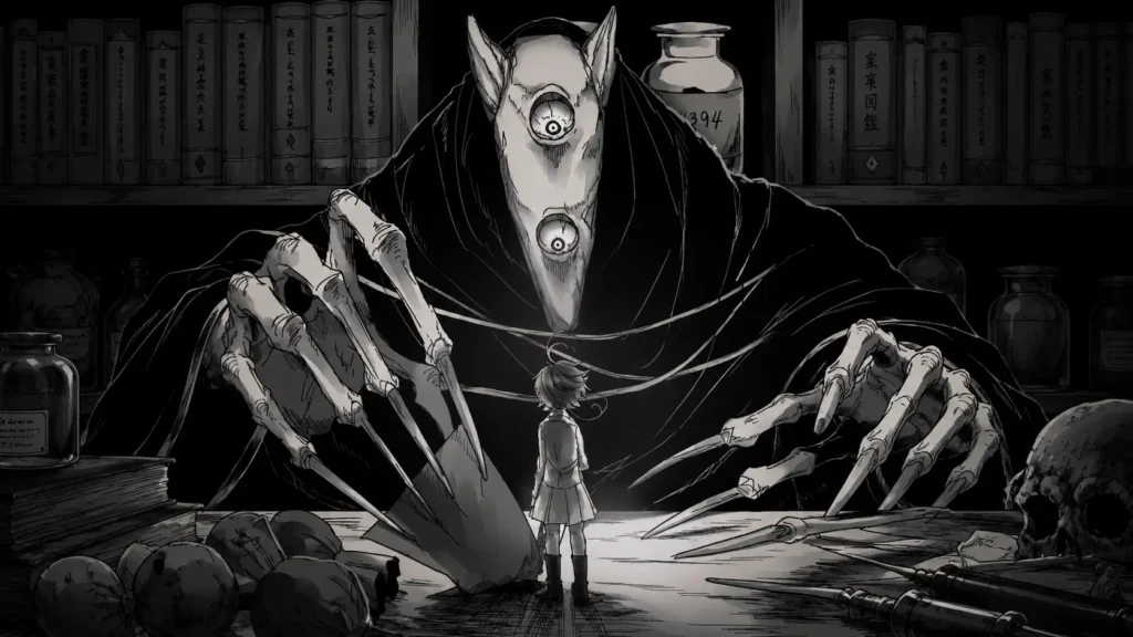 تصویر ترسناک از مانگای The Promise Neverland با هیولای سایهدار و کودک در فضای تاریک آزمایشگاهی، نماد کنترل و وحشت در مانگا