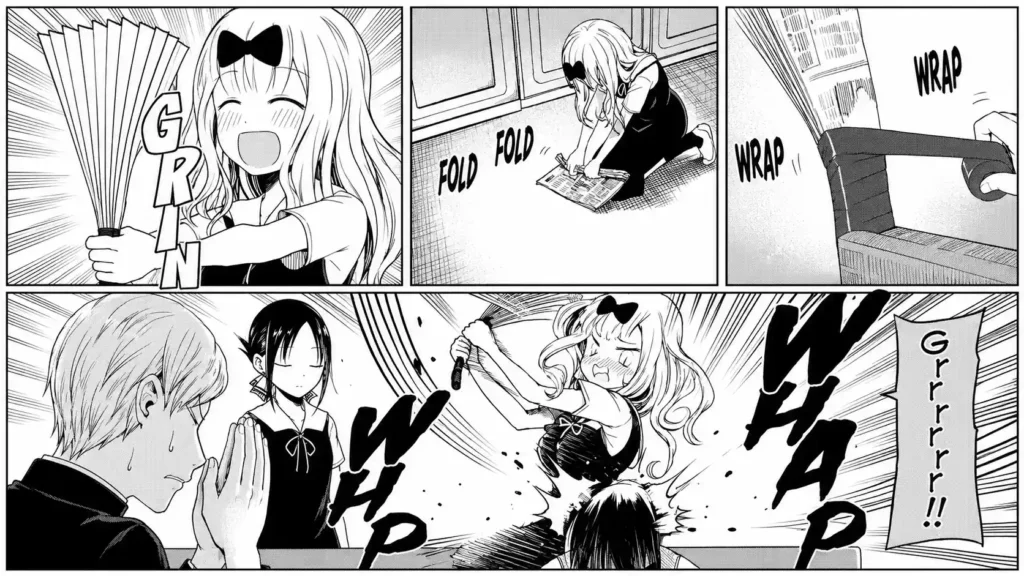 چیکا فوجیوارا از Kaguya-sama: Love Is War در یک صحنه طنزآمیز، در حال ساختن بادبزن دست‌ساز و ضربه زدن به یکی از اعضای شورای دانش‌آموزی، در حالی که کاگویا شینومیا و میوکی شیروگانه نظاره‌گر هستند.