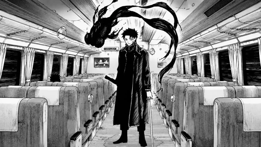 تصویر مانگایی از شخصیت اصلی Kagurabachi داخل واگن قطار با موجودی سایه‌مانند در پس‌زمینه