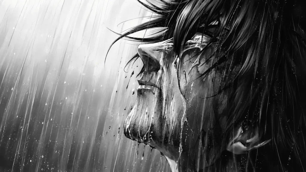 ساکورایوکی ماریو با چهرهای خیس از باران و نگاه اندوهگین در نمای نزدیک از مانگای Rainbow: Nisha Rokubou no Shichinin
