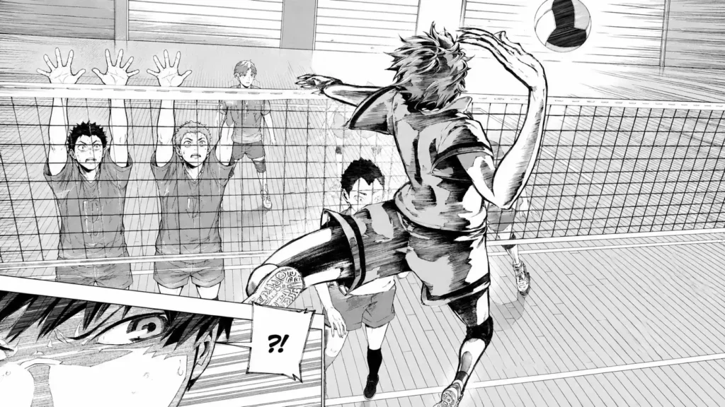 شویو هیناتا (Shoyo Hinata) از Haikyuu در یک تصویر ورزشی والیبال، در حال پرش و اسپک زدن به توپ در مسابقهای پرهیجان؛ پنل مانگایی سیاهوسفید با نمایش انرژی، سرعت و رقابت تیمی