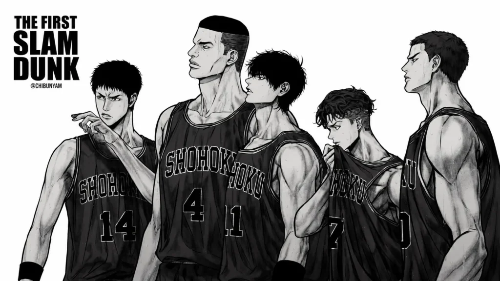 هانامیچی ساکوراگی، کائده روکاوا، هیساشی میتسویی، ریوتا میاگی و تاکنونوری آکاجی از Slam Dunk در یک تصویر ورزشی بسکتبال با استایل مانگا سیاهوسفید، نمایشدهنده قدرت تیمی، رقابت و انگیزه قهرمانی.