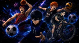 یوئیچی ایساگی از Blue Lock، هانامیچی ساکوراگی از Slam Dunk، شویو هیناتا از Haikyuu و جی جو از Wind Breaker در یک تصویر ورزشی حماسی با پس‌زمینه کهکشانی؛ ترکیبی از فوتبال، بسکتبال، والیبال و دوچرخه‌سواری در فضایی پرانرژی و رقابتی