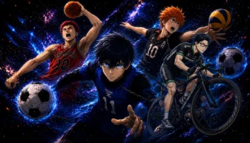 یوئیچی ایساگی از Blue Lock، هانامیچی ساکوراگی از Slam Dunk، شویو هیناتا از Haikyuu و جی جو از Wind Breaker در یک تصویر ورزشی حماسی با پس‌زمینه کهکشانی؛ ترکیبی از فوتبال، بسکتبال، والیبال و دوچرخه‌سواری در فضایی پرانرژی و رقابتی