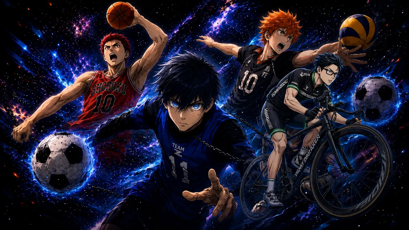 یوئیچی ایساگی از Blue Lock، هانامیچی ساکوراگی از Slam Dunk، شویو هیناتا از Haikyuu و جی جو از Wind Breaker در یک تصویر ورزشی حماسی با پس‌زمینه کهکشانی؛ ترکیبی از فوتبال، بسکتبال، والیبال و دوچرخه‌سواری در فضایی پرانرژی و رقابتی