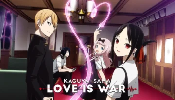 کاگویا شینومیا، میوکی شیروگانه، چیکا فوجیوارا و یو ایشیگامی از Kaguya-sama: Love Is War در راهروی آکادمی شوچیین با افکت قلبی صورتی