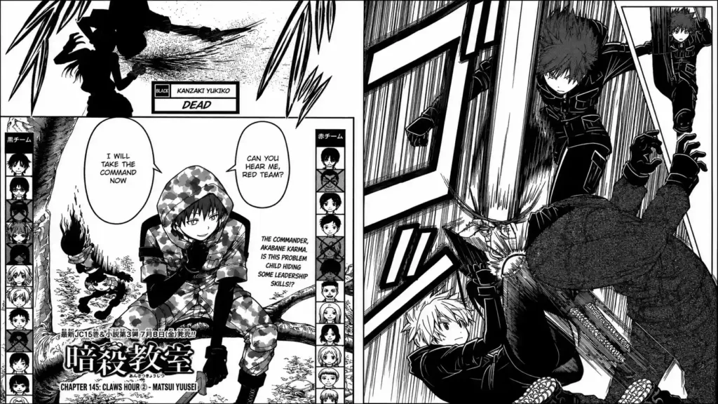 دو پنل سیاهوسفید از مانگای Assassination Classroom در کنار هم. در پنل سمت چپ، ناگیسا شیوتا با لباس استتاری و چاقوی آموزشی در دست، در حال هدایت یک عملیات ترور گروهی دیده میشود و اطراف او وضعیت اعضای تیم نمایش داده شده است. در پنل سمت راست، صحنهای اکشن از نبرد تنبهتن میان دانشآموزان دیده میشود؛ یکی از شخصیتها در هوا معلق است و دیگری در حال حمله با چاقو، در حالی که خطوط سرعت و کادربندی پویا حس تنش و سرعت را القا میکنند. تصویر بر تاکتیک، همکاری تیمی و مهارتهای رزمی دانشآموزان کلاس 3-E تأکید دارد