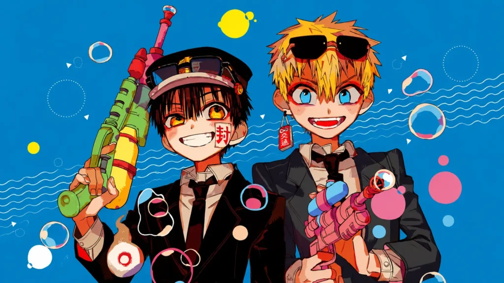 هاناکو-کون (Hanako-kun) و کو میناموتو (Kou Minamoto) از مانگای Toilet-Bound Hanako-kun (Jibaku Shounen Hanako-kun) با لباس مدرسه، در حالی که با تفنگهای آبپاش رنگارنگ لبخند میزنند و حبابهای شناور فضای شاد و تابستانی تصویر را احاطه کردهاند.