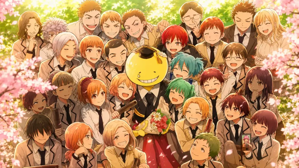 تصویری احساسی و رنگارنگ از دانشآموزان کلاس 3-E در Assassination Classroom که دور کورو-سنسه جمع شدهاند. همه با لبخند، خنده و چهرههای شاد در میان شکوفههای صورتی و نور گرم غروب دیده میشوند. کورو-سنسه در مرکز تصویر با کلاه فارغالتحصیلی و دستهگل ایستاده و شاگردانش از اطراف او را احاطه کردهاند. فضای تصویر سرشار از دوستی، قدردانی و حس خداحافظی شیرین پس از پایان یک دوره خاطرهانگیز است.