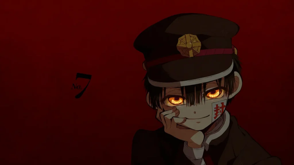 هاناکو-کون (Hanako-kun) از مانگای Toilet-Bound Hanako-kun (Jibaku Shounen Hanako-kun) با چشمان طلایی درخشان و لبخندی مرموز، در پسزمینهای قرمز تیره و مینیمال، با یونیفرم مدرسه و مهر روی گونه؛ تصویری نمادین و رازآلود از شخصیت شماره هفت مدرسه