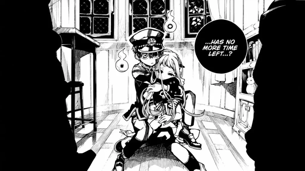 هاناکو-کون و ننه یاشیرو (Nene Yashiro) در آغوش یکدیگر در صحنهای احساسی از مانگای Toilet-Bound Hanako-kun (Jibaku Shounen Hanako-kun)؛ تصویر سیاهوسفید از لحظهای غمانگیز با حضور شعلههای روحی و فضای رازآلود مدرسه.