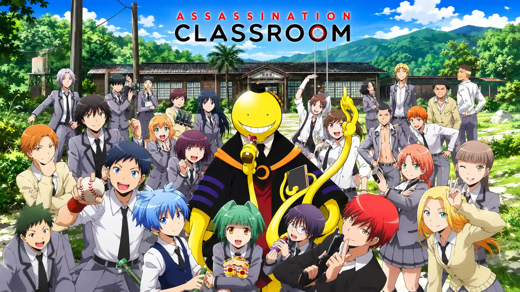 تصویر گروهی از شخصیت‌های اصلی Assassination Classroom در مقابل ساختمان کلاس 3-E؛ کورو-سنسی در مرکز تصویر با لبخند معروفش ایستاده و دانش‌آموزان کلاس در اطراف او با حالت‌های شاد و پرانرژی دیده می‌شوند. پس‌زمینه شامل مدرسه‌ای چوبی، طبیعت سرسبز و کوهستانی زیر آسمانی آبی و روشن است.