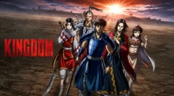 شین (Shin)، کیوکای (Kyou Kai)، ای‌سی (Ei Sei)، کا ریو تن (Ka Ryo Ten) و هیو (Hyou) از مانگای Kingdom در نمایی حماسی، در حال حرکت به سوی میدان نبرد با پس‌زمینه‌ای از قلعه و طلوع خورشید.