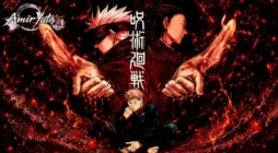 ساتورو گوجو، سوگورو گتو و یوجی ایتادوری در پوستر هنری مانگای Jujutsu Kaisen با پس‌زمینه قرمز و فضایی تاریک و نمادین