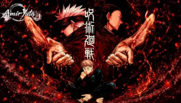 ساتورو گوجو، سوگورو گتو و یوجی ایتادوری در پوستر هنری مانگای Jujutsu Kaisen با پس‌زمینه قرمز و فضایی تاریک و نمادین