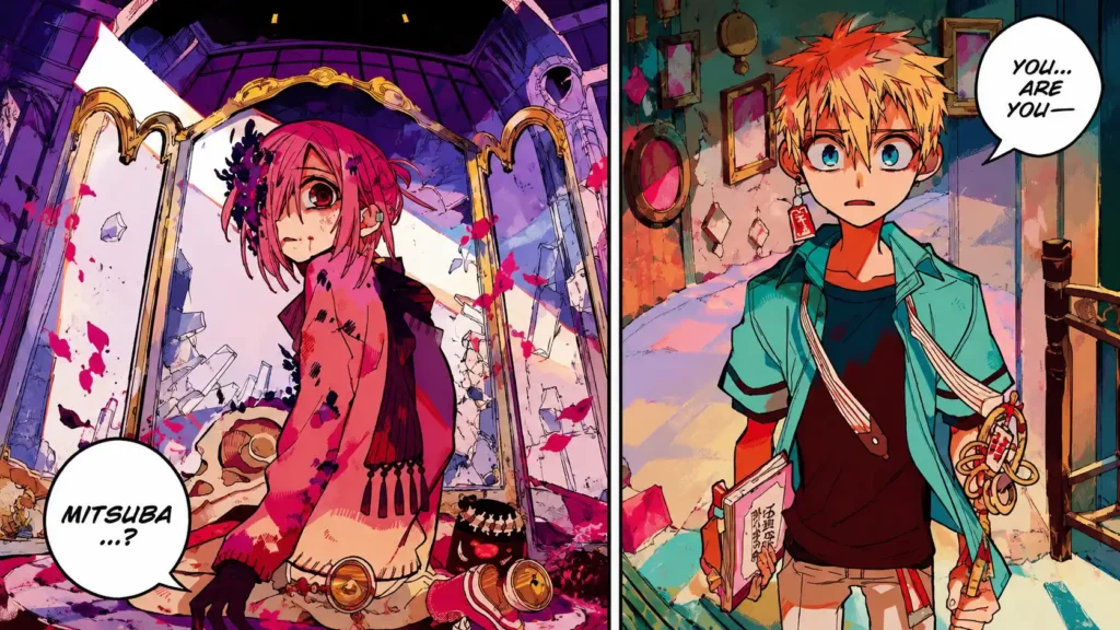 میتسوبا سوسوکه (Mitsuba Sousuke) و کو مینـاموتو (Kou Minamoto) در یکی از صحنههای احساسی مانگای Jibaku Shounen Hanako-kun (Hanako-kun)؛ میتسوبا با ظاهر روحمانند و موهای صورتی در یک قاب آینهای و کو مینـاموتو با لباس آبی مدرسه در حال مواجهه با او، تصویری تأثیرگذار از رابطه این دو شخصیت