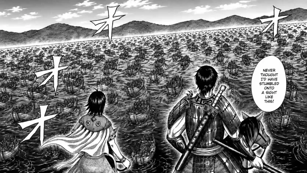 شین (Shin) و کیوکای (Kyou Kai) از مانگای Kingdom در حال تماشای ناوگان عظیم کشتیهای جنگی، در یکی از صحنههای حماسی و استراتژیک داستان