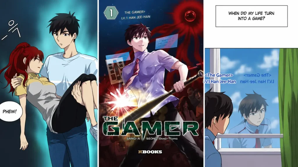 صفحه‌ای رنگی از مانهوای The Gamer که شامل سه پنل مختلف است. در پنل اول، هان جی‌هان دختری بیهوش را در آغوش گرفته و با حالتی متعجب به او نگاه می‌کند. پنل وسط، او را در حالت مبارزه و با ظاهری قدرتمند نشان می‌دهد؛ در حالی که رابط‌های کاربری شبیه بازی، سطح و اطلاعات شخصیت او را نمایش می‌دهند. در پنل آخر، هان جی‌هان به انعکاس خود در پنجره نگاه می‌کند و درباره تغییر زندگی‌اش و تبدیل شدن آن به یک بازی فکر می‌کند.