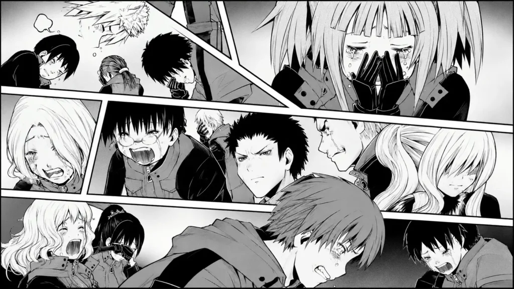 صفحهای احساسی از مانگای Assassination Classroom با چندین پنل سیاهوسفید که واکنش دانشآموزان کلاس 3-E را نشان میدهد. بیشتر شخصیتها در حال گریه، پنهان کردن اشکها یا ابراز اندوه عمیق هستند. در پنل بالایی، کایهده کایانو با چشمانی اشکآلود دستانش را روی صورتش گذاشته است. در سایر پنلها، اعضای کلاس با چهرههایی غمگین و درمانده دیده میشوند. در پایین صفحه، ناگیسا شیوتا با چشمانی پر از اشک و حالتی آشفته به تصویر کشیده شده است. ترکیببندی پنلها و تمرکز بر حالات چهره، حس فقدان، سوگواری و پایان یک دوران مهم را منتقل میکند.