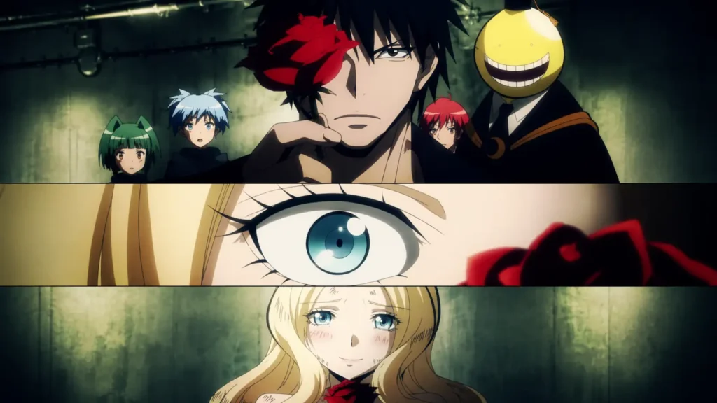 تصویری سهپنلی از انیمه Assassination Classroom در فضایی احساسی و رمانتیک. در پنل بالایی، کاراسوما با چهرهای جدی یک رز قرمز مقابل صورتش گرفته و در پسزمینه کورو-سنسه و چند دانشآموز دیده میشوند. در پنل میانی، نمای نزدیک از چشم آبی ایرینا یلاویچ با حالتی متعجب و خیره به گل رز نمایش داده شده است. در پنل پایینی، ایرینا با گونههایی سرخ و لبخندی ملایم به رز قرمزی که در دست دارد نگاه میکند. نورپردازی گرم، رنگهای ملایم و ترکیببندی سینمایی تصویر، حس عشق، غافلگیری و لحظهای تأثیرگذار میان شخصیتها را منتقل میکند.
