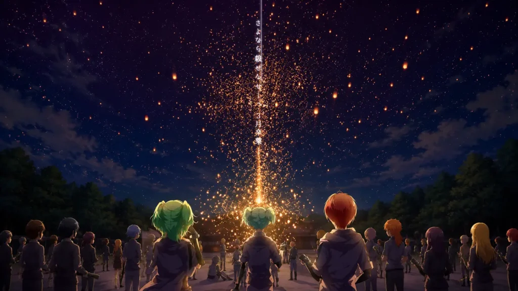 پایانبندی احساسی Assassination Classroom در شبی پرستاره؛ دانشآموزان کلاس 3-E از پشت سر به آسمان خیره شدهاند و ردی درخشان از نور و هزاران ذره طلایی مانند آتشبازی یا شهاب به سمت آسمان اوج میگیرد. فضای تصویر سرشار از حس خداحافظی، خاطرات مشترک و پایان یک سفر فراموشنشدنی است.