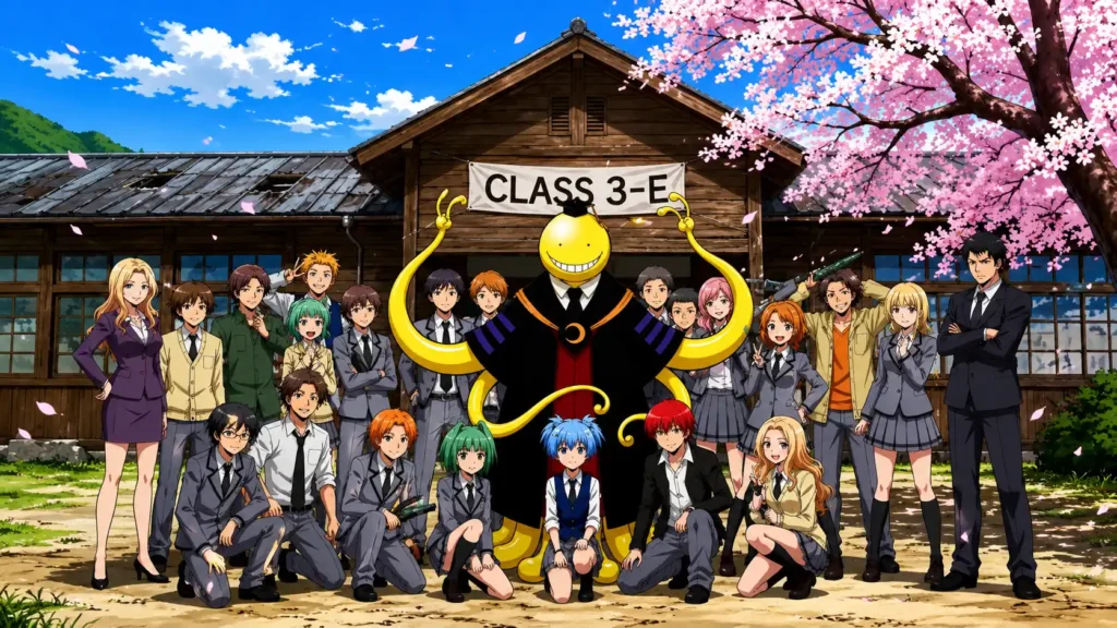 کلاس 3-E از Assassination Classroom در حیاط مدرسه چوبی کوهستانی برای عکس گروهی جمع شدهاند؛ کورو-سنسه با لبخند همیشگی در مرکز ایستاده و دانشآموزان در اطراف او زیر شکوفههای گیلاس و مقابل ساختمان کلاس قرار گرفتهاند. فضای تصویر صمیمی، نوستالژیک و گروهی است و بر پیوند میان معلم و شاگردان تأکید دارد.