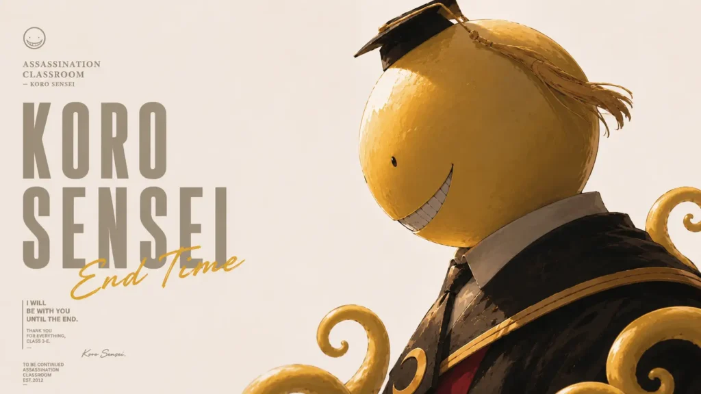 پوستر مینیمال و احساسی از کورو-سنسه در Assassination Classroom با پسزمینه روشن و ساده؛ شخصیت زردرنگ با لبخند همیشگی و کلاه فارغالتحصیلی در نمای نیمتنه دیده میشود. ترکیببندی خلوت، تایپوگرافی بزرگ «KORO SENSEI» و رنگهای گرم طلایی، حس احترام، پایان یک دوران و وداعی تأثیرگذار را منتقل میکند.