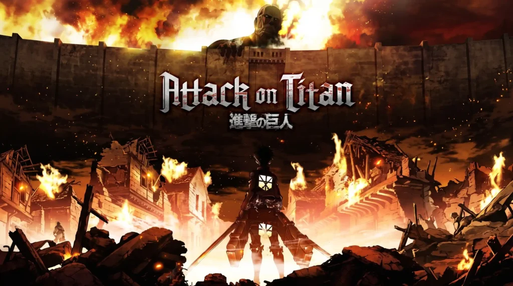 انیمه حمله به تایتان (Attack on Titan) با حضور ارن یگر در میان ویرانی شهر و تایتان عظیم‌الجثه