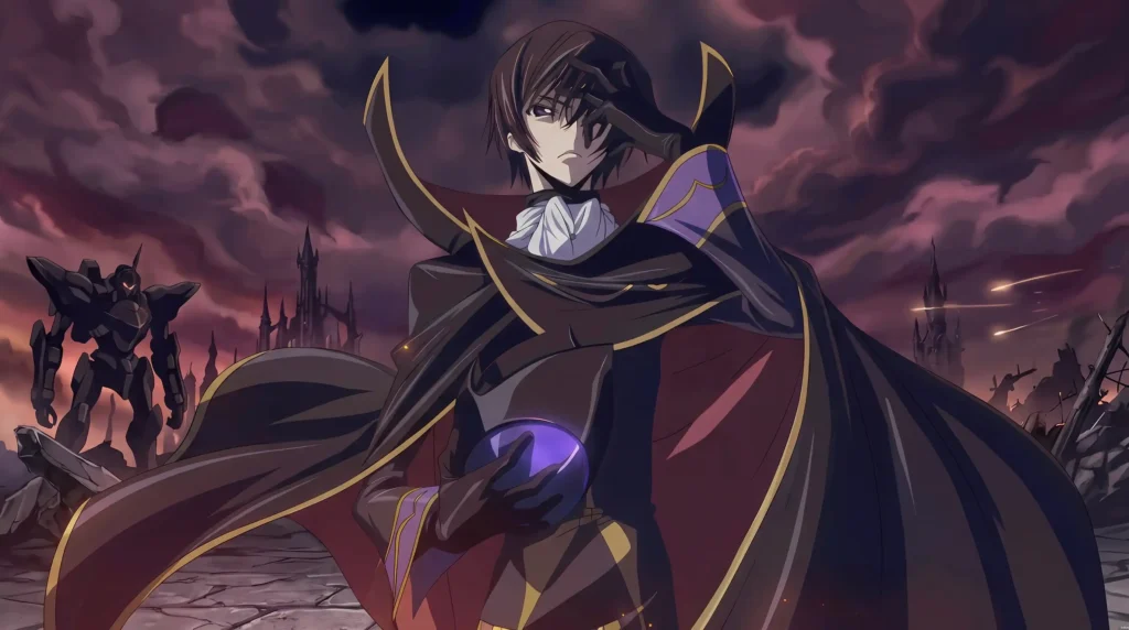 لِلـوش لَمپروژ از انیمه Code Geass در لباس Zero با شنل مشکی و طلایی و حالت چهره‌ای مرموز و قدرتمند