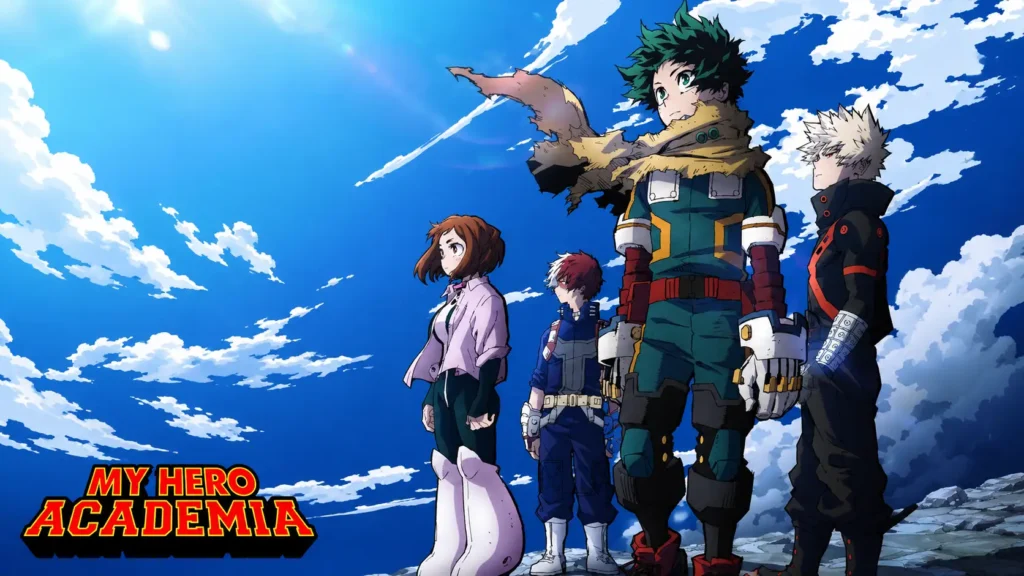 تصویر گروهی از شخصیت‌های اصلی انیمه My Hero Academia، شامل ایزوکو میدوریا، کاتسوکی باکوگو، شوتو تودوروکی و اوچاکو اوراراکا در پس‌زمینه‌ای آبی و آسمانی.
