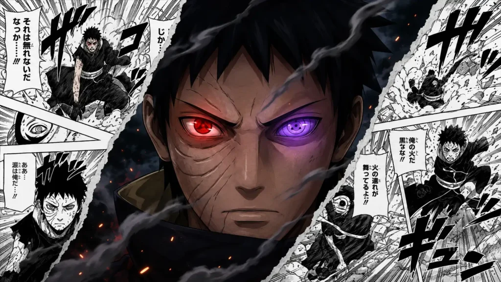 چهره اوبیتو اوچیها از انیمه Naruto با چشمان قرمز و بنفش، در کنار پنل‌های سیاه‌وسفید مانگا و صحنه‌ای از نبرد