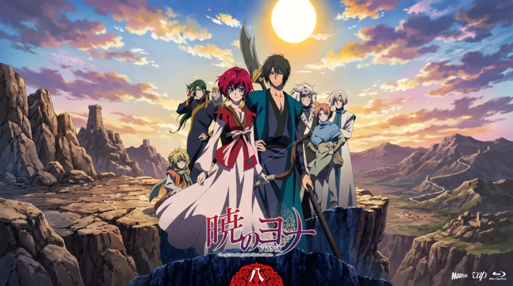 تصویری از شخصیت‌های اصلی انیمه و مانگای یونا در سپیده‌دم (Akatsuki no Yona) شامل یونا، هاک، کیجا، شین‌آ، جی‌هه، زنو و یون در کنار یکدیگر