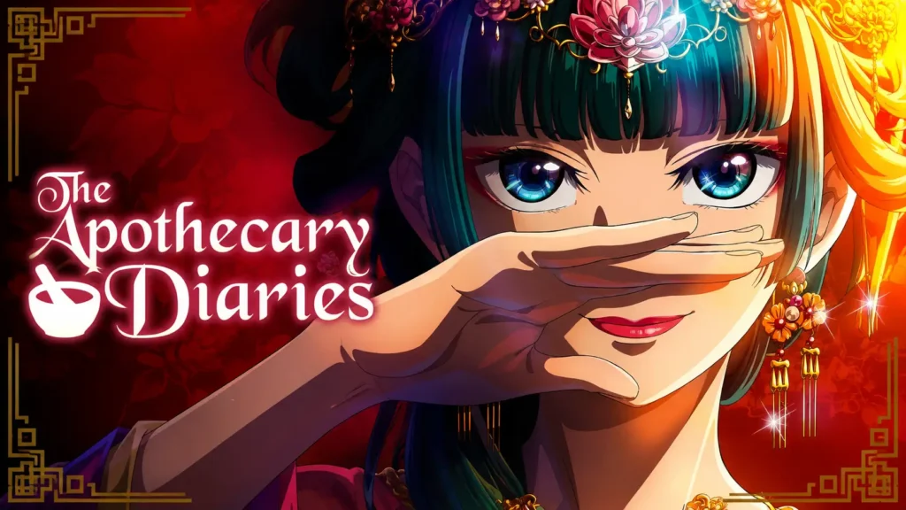 تصویر تبلیغاتی انیمه The Apothecary Diaries با نمای نزدیک از مائو مائو (Maomao) در لباس سلطنتی و زیورآلات سنتی، در پسزمینهای قرمز با لوگوی رسمی مجموعه