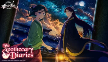مائومائو (Maomao) و جینشی (Jinshi) در انیمه The Apothecary Diaries زیر آسمان شب پرستاره و نور فانوس در محوطه کاخ سلطنتی؛ تصویری زیبا و رازآلود از دو شخصیت اصلی داستان.