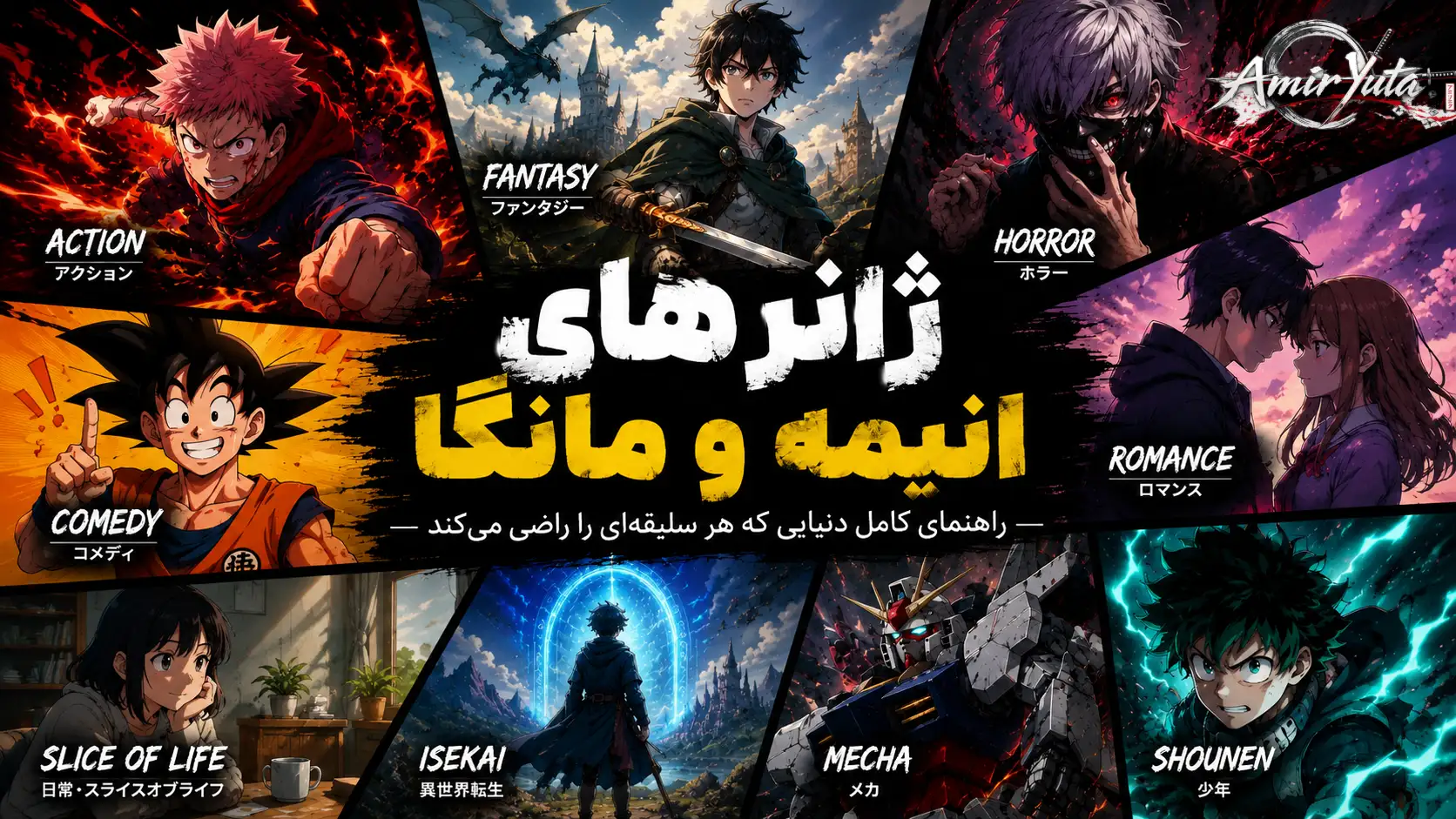 تصویری از ژانرهای مختلف انیمه و مانگا شامل اکشن، فانتزی، ترسناک، عاشقانه، کمدی، ایسکای و مکا