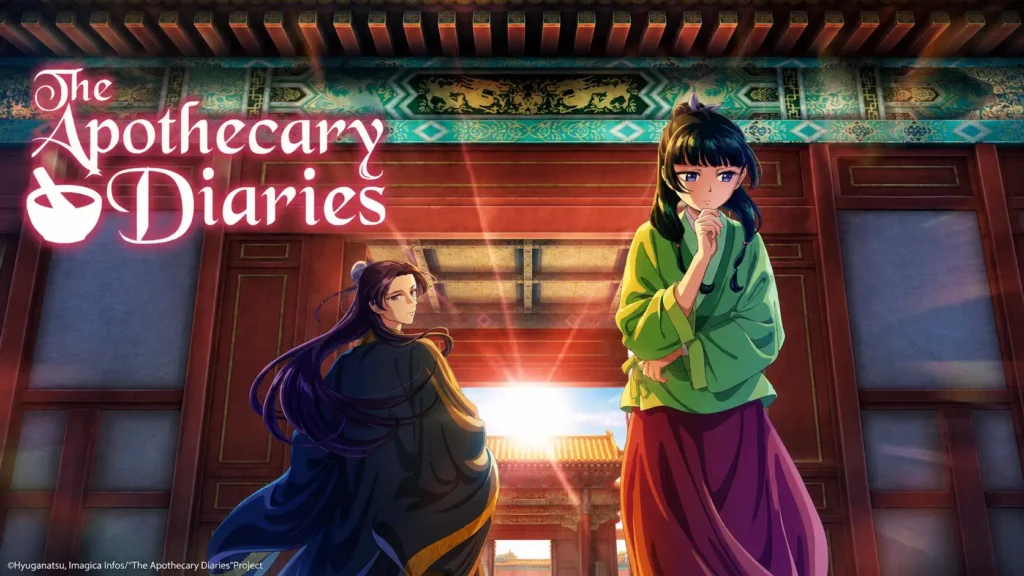 مائوماو و جینشی در مقابل ورودی باشکوه کاخ سلطنتی در انیمه The Apothecary Diaries؛ مائوماو با حالتی متفکر و جینشی با ردایی بلند در فضایی تاریخی و رنگارنگ ایستادهاند.