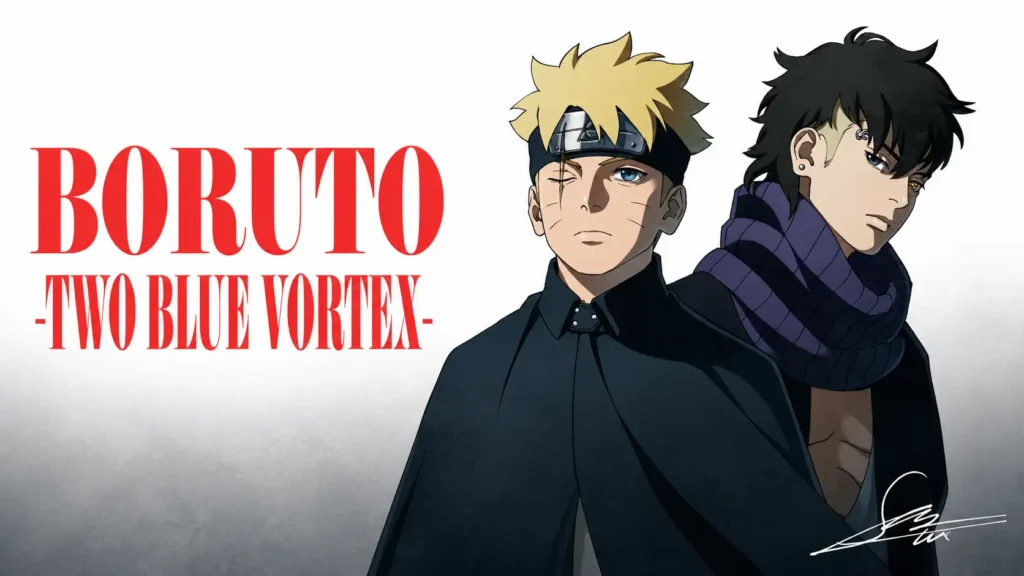 بوروتو اوزوماکی و کاواکی در کنار یکدیگر در پوستر مانگای Boruto: Two Blue Vortex؛ بوروتو با شنل تیره، هدبند کونوها و جای زخم روی چشم، و کاواکی با شال بنفش، چشم اصلاحشده و ظاهر جدید پس از تایماسکیپ.