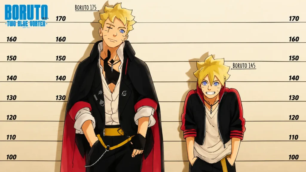 مقایسه طراحی شخصیت بوروتو اوزوماکی در دو مقطع زمانی از مانگای Boruto: Two Blue Vortex؛ نسخه نوجوان و نسخه پس از تایماسکیپ در مقابل نمودار قد، با نمایش تغییر ظاهر، لباس و رشد شخصیت